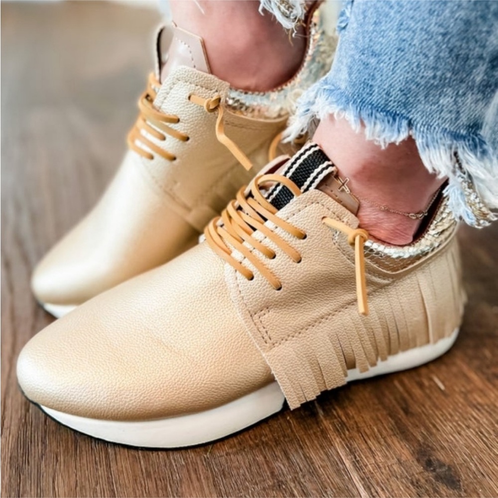New Shushop Gold PEPA fringe moccasin sneaker.